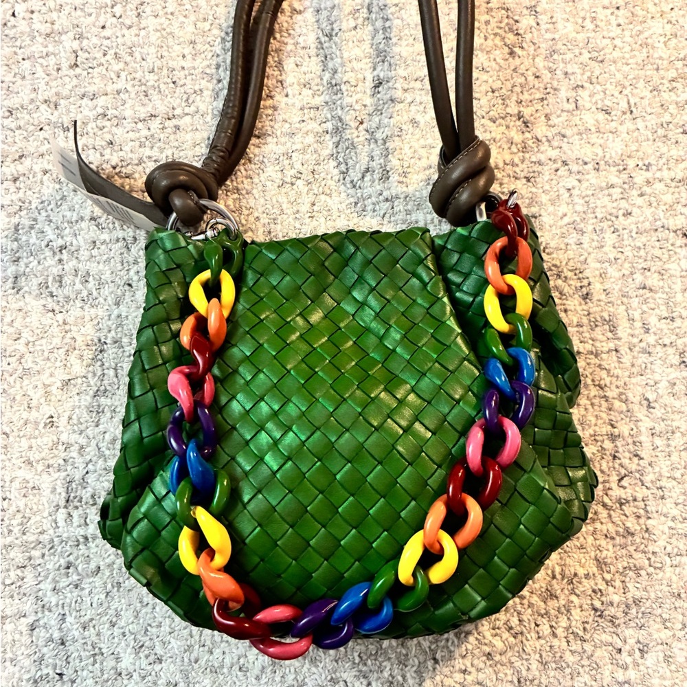 Vibrant Green Woven Shoulder Bag with Multicolor Chain
